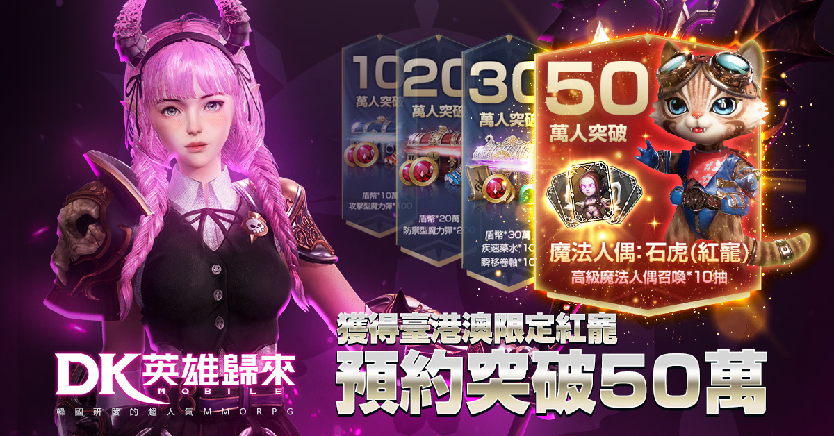 圖五：《DK Mobile：英雄歸來》預約突破50萬，除了臺港澳限定的「紅寵石虎」，還有諸多獎勵